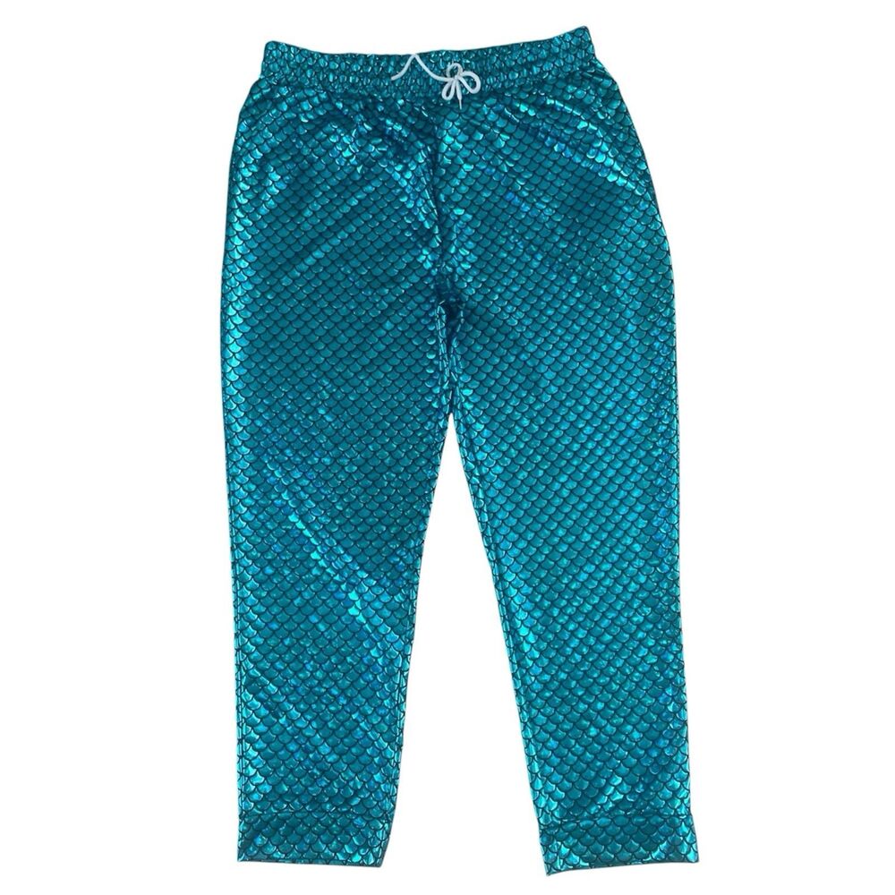 Mens Merman Costume Pants XXL Shiny Blue Printed Scales Drawstring Elastic Waist